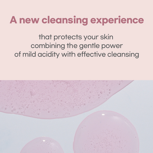 Text about a new cleansing experience with pink cleansing product on a light blue background