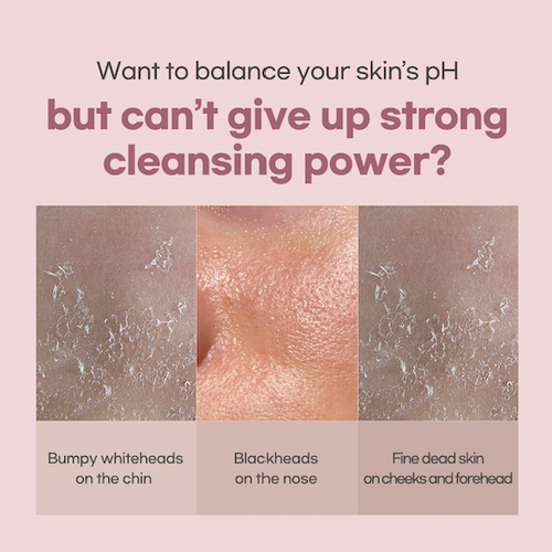 Product advertisement for skincare solution with text about balancing skin pH and cleansing power.