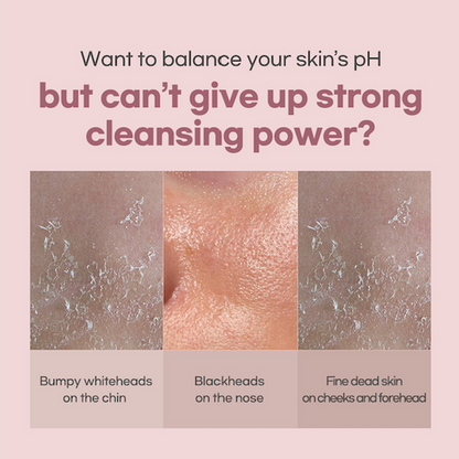 Product advertisement for skincare solution with text about balancing skin pH and cleansing power.