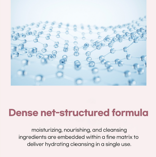 Close-up of a dense net-structured formula with text describing its benefits.