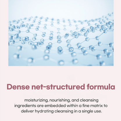 Close-up of a dense net-structured formula with text describing its benefits.