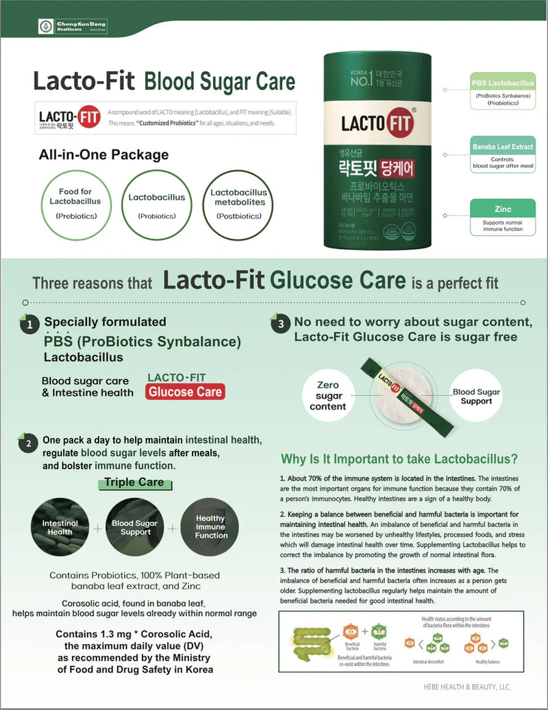 [ChongKunDang] LACTO-FIT ProBiotics Blood Sugar Care – 2g × 60 Sticks
