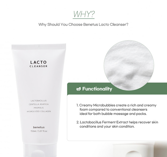 Benefus Lacto Cleanser with product packaging and benefits on a white background