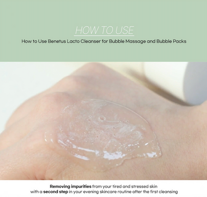 Close-up of skin with Benetus Lacto Cleanser applied, with text on how to use the product.