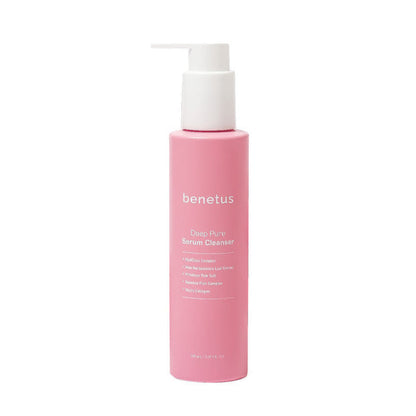 Pink bottle of benetus serum cleaner on a white background